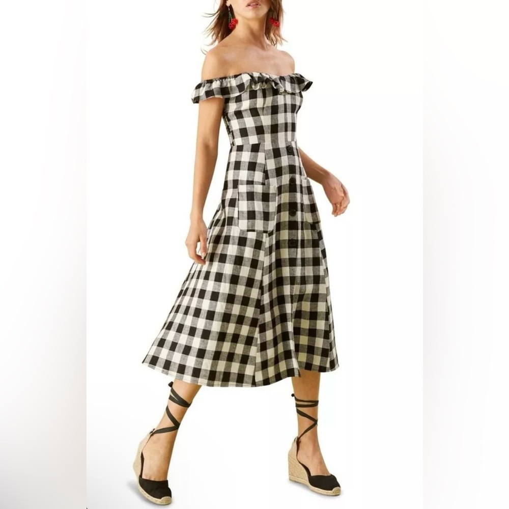 Reformation Hattie Off Shoulder Midi Dress Buffalo Plaid Black White 2 XS Linen